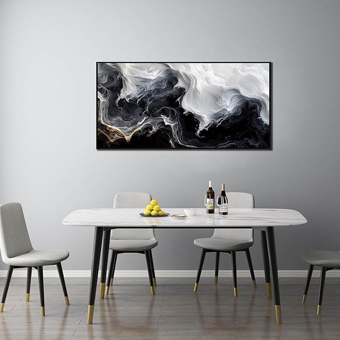 AOZEMI White Wall Art Black Pictures Art Abstract Wall Decor for Bedroom Office Modern Foggy Artwork 24"x 48"