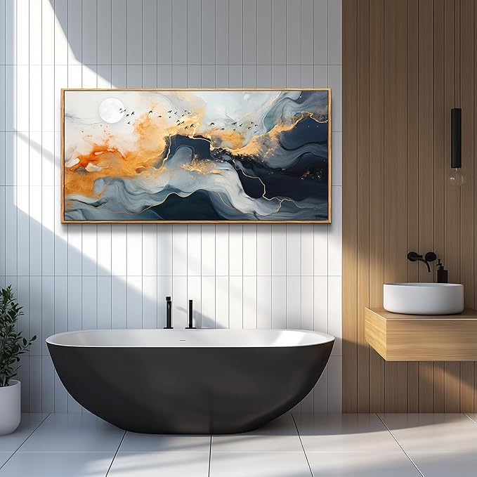 MHARTK66 Framed Wall Art Abstract Large Canvas Picture Ready to Hang Marble Fluid Art with Gold Foil Moon & Bird Design Home Decor for Living Room Bedroom Hotel Office Wall Decorative Artwork 20x40