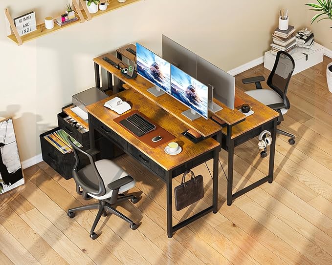 AODK Computer Desk with 4 Drawers, 48 Inch Office Desk with Printer Shelf & Built-in Power Outlet, Work Desk with Monitor Shelf for Home Small Spaces, Rustic Brown