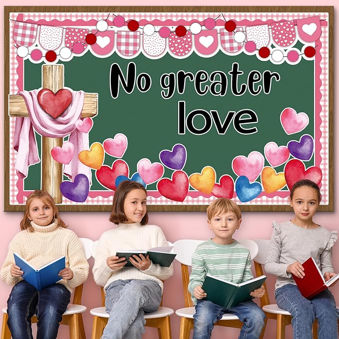 Valentine's Day Christian Bulletin Board Decoration Set Love Heart Cross Bible Verse No Greater Love Bulletin Board Classroom Decoration Cutouts for Sunday School Church VBS Wall Door Decors