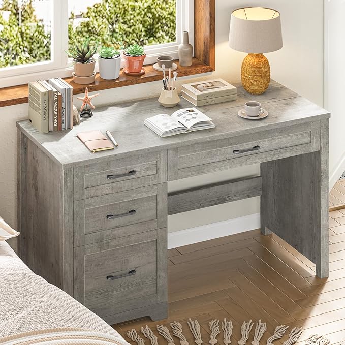 Vabches Farmhouse 47" Executive Desk with File Drawer, Workstation for Home Office, Study, Writing,Wood Computer Desk with 3 Storage Drawers .(Grey)