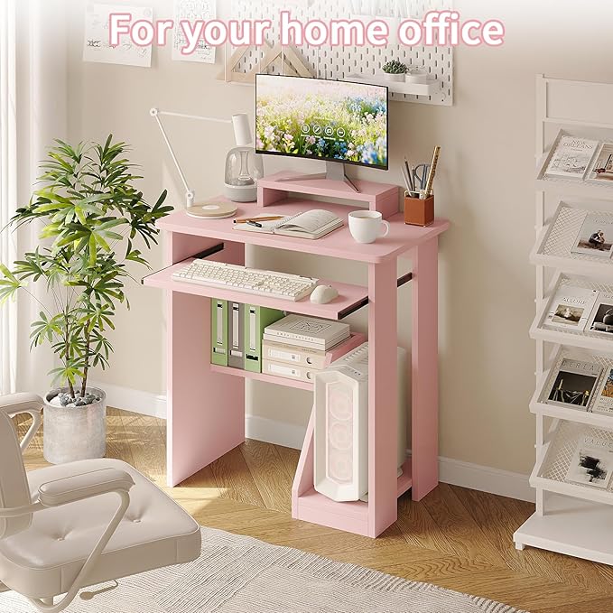 ALISENED 30" Small Computer Desk with Keyboard Tray Monitor Stand, Study Writing Desk with Storage Shelves, Modern Workstation for Small Spaces, Save Space, Pink