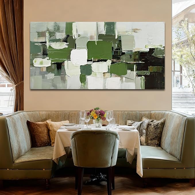 ZUNARE Abstract Geometric Wall Art Green White Black and Gray Canvas Painting, Layered Color Block Modern Artwork for Living Room Bedroom Kitchen Office Wall Decor 24"x48"
