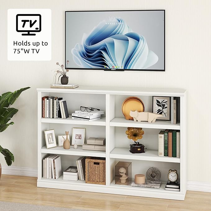 blini Low Horizontal Bookshelf White Bookcase Double Wide 64" 3-Tier Book Shelf 6 Cube Storage Organizer Wooden Bookcases for Bedroom and Home Office Decor Display