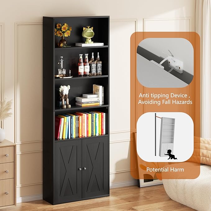Vongrasig Farmhouse Bookcase with Doors & Storage, Tall 6-Tier Wood Bookshelf for Home Office Organization, Living Room Display, and Bedroom Storage Alternatives, 71-Inch Standing Shelf, Black