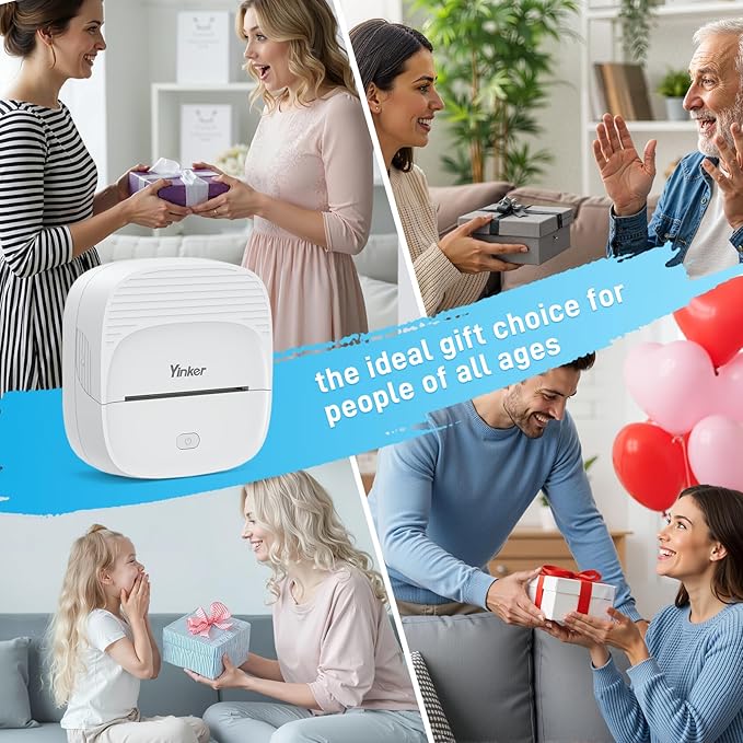 Mini Sticker Printer, Portable Bluetooth Thermal Printer with 7 Rolls Paper & 6 Colored Pencils, Inkless Label Maker for Home Office Study, USB-C Rechargeable, Ideal Gift for Teen Girls Boys