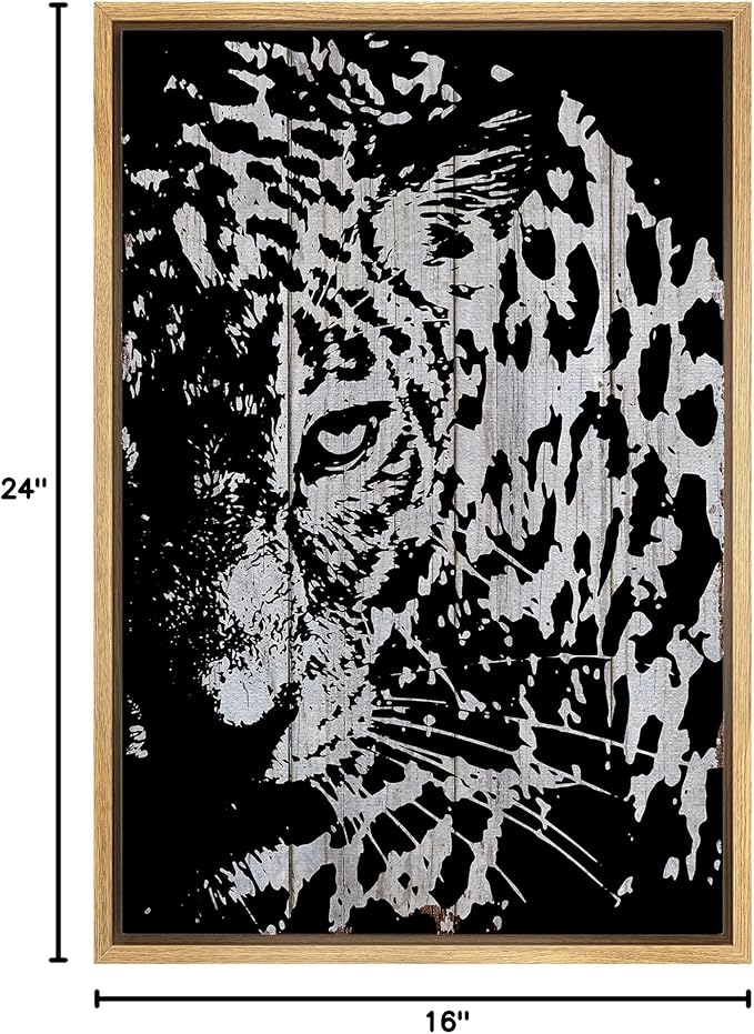 IDEA4WALL Framed Canvas Print Wall Art Grayscale Spotted Leopard on Light Wood Panels Animals WildLife Illustrations Modern Art Tropical Portrait for Living Room, Bedroom, Office - 16"x24" NATURAL