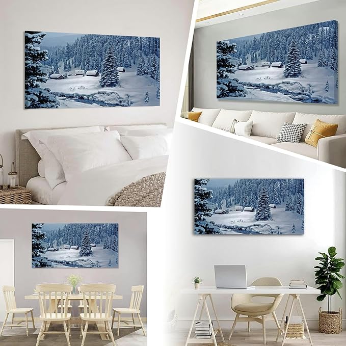 Snowy log cabins ethereal moonlight Canvas Wall Art Large Framed Prints Pictures Wall Decor Posters Painting Artwork for Living Room Bedroom Kitchen Bathroom 16x30