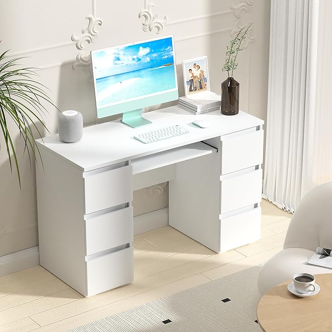 White Desk with Drawers Computer Desk for Bedroom, Home Office Table with Storage, 47 Inch Writing Wood Desks Executive Desks, Workbench Study Counter Small Gaming Table, White