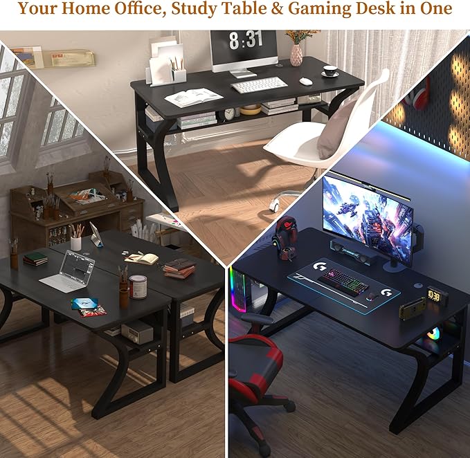 AZN Computer Desk, Computer Desk 47in, Office Desk w/Metal Frame & Storage, Office Desk for Study Writing Work Game, Home Office Desk Computer Desks w/Waterproof & Scratch-Resistant Surface, Black