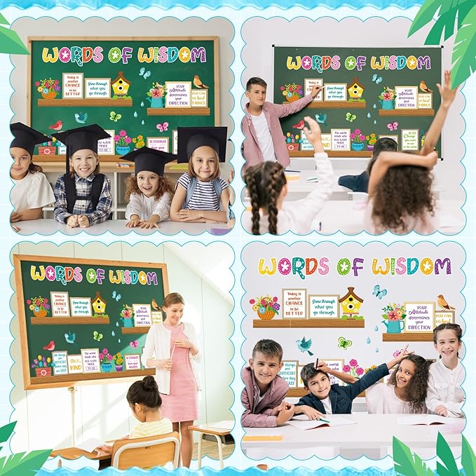 Supervitae 48 Pcs Spring Bulletin Board Decor Bookshelf Potted Plant Bulletin Board Set Colorful Motivational Cutouts Positive Saying Accents Signs for Back to School Supplies Wall Chalkboard Decor