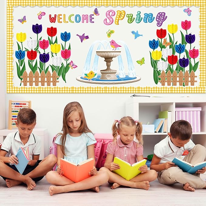 Pajean Welcome Spring Bulletin Board Set 3D Honeycombs Tulip Flower Classroom Decorations Floral Bird Butterfly Cutouts for Wall Door Decor Spring Easter Classroom Birthday Party Supplies