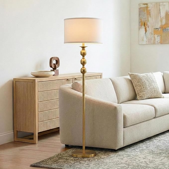 Brightech Riley 60" Floor Lamp, Elegant Modern Standing Lamp with Drum Shade, Boho Chic Mid-Century Living Room Décor, Classy, Traditional Art Deco Corner Floor Lamp for Bedroom, Office - Gold/Brass