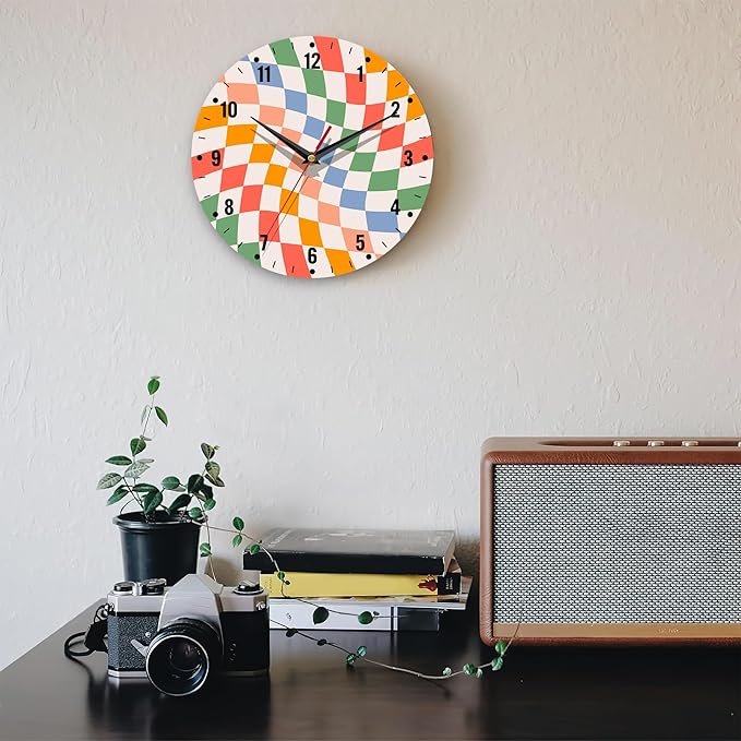 SPUNKER Clock for Bedroom,Colorful Checkered Wall Clock Battery Operated 10 Inch,Retro Wavy Round Clock Silent Non-Ticking Wall Decor for Farmhouse Office Home School Living Room Bedroom