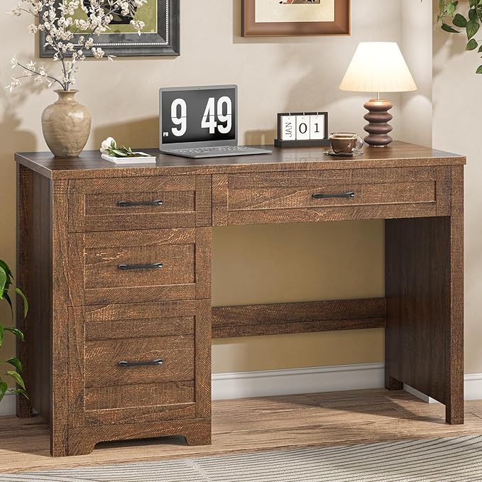Vabches Farmhouse 47" Executive Desk with File Drawer, Wood Computer Desk with 3 Storage Drawers, Workstation for Home Office, Writing, Study,Red-Brown.