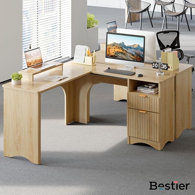 Bestier L Shaped Desk with File Drawer, 55.7" x 55" Office Computer Desk with Round Corners, Modern Desk with Monitor Stand & Fluted Panels for Home Office, Natural Oak
