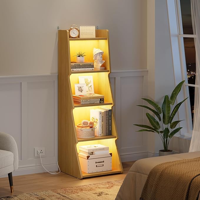 Hoctieon 5-Tier Open Bookcase and Bookshelf with LED Light, Floor Standing Display Storage Shelves, Wood Modern Display Organizer for Home Office, Living Room, Bedroom, Study, Yellow Oak