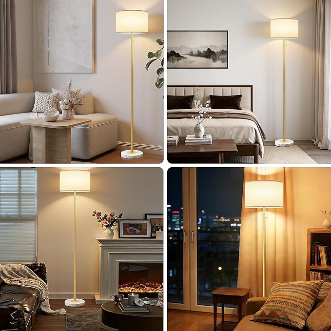 Floor Lamps for Living Room–LED Bulb Included,Dimmable Floor Lamp with Linen Shade,Modern Standing Lamp with Marble Base,Tall Floor Lamp for Bedroom,Nursery,Reading & Office,Gold