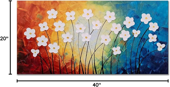 Yihui Arts Hand Painted Textured Flower Oil Painting on Canvas - Colorful Abstract White Floral Wall Art for Living Room, Bedroom, Modern Home Decor