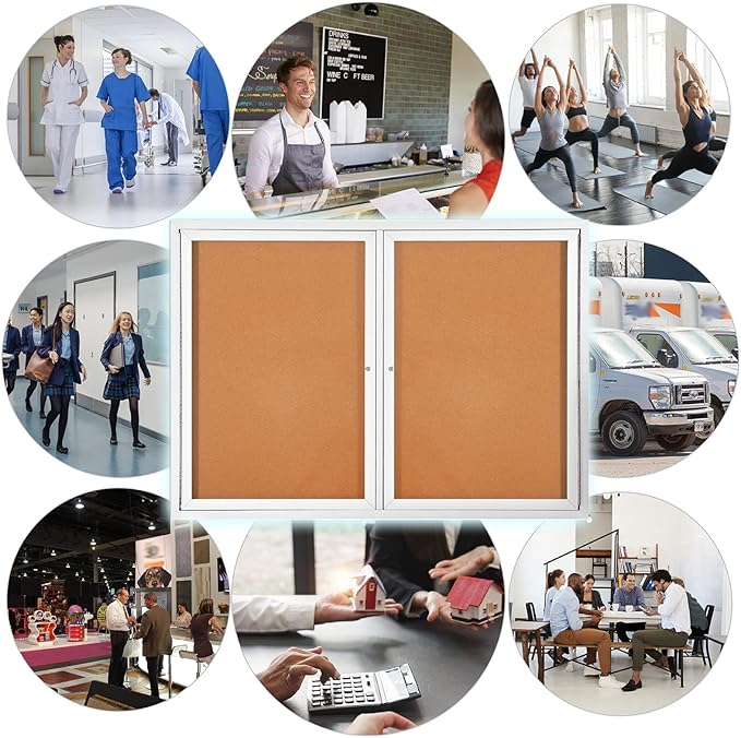 Outdoor Bulletin Board Weatherproof 48x34 in,Enclosed Bulletin Board with Locking Door, Wall Display Case for Office School Home Commercial, Silver Aluminum Frame, Cork