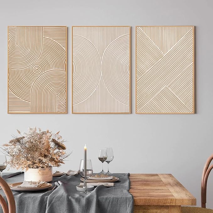 Zessonic Neutral Minimalist Textured 3D Wall Art Abstract Hand-Painted Framed Wall Decor Geometric Artwork Canvas Paintings- Living Room Bedroom Office - Modern Boho Neutral Line 16"x24" 3 piece