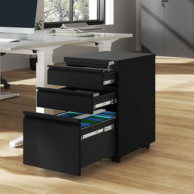 DWVO 3-Drawer Mobile File Cabinet, Pre-Assembled Metal Filing Cabinet for Legal/Letter Size, Lockable Office Storage with 6 Casters, Black