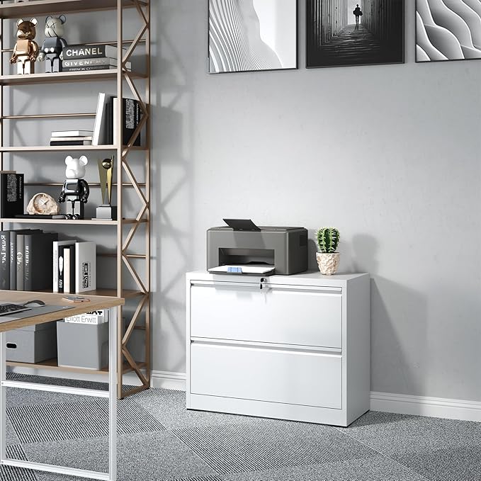 2 Drawer File Cabinet,Metal Lateral Filing Cabinet with Lock,Home Office Storage Organizer Cabinet for Legal/Letter/A4/F4 Size Files,35.5" W,White