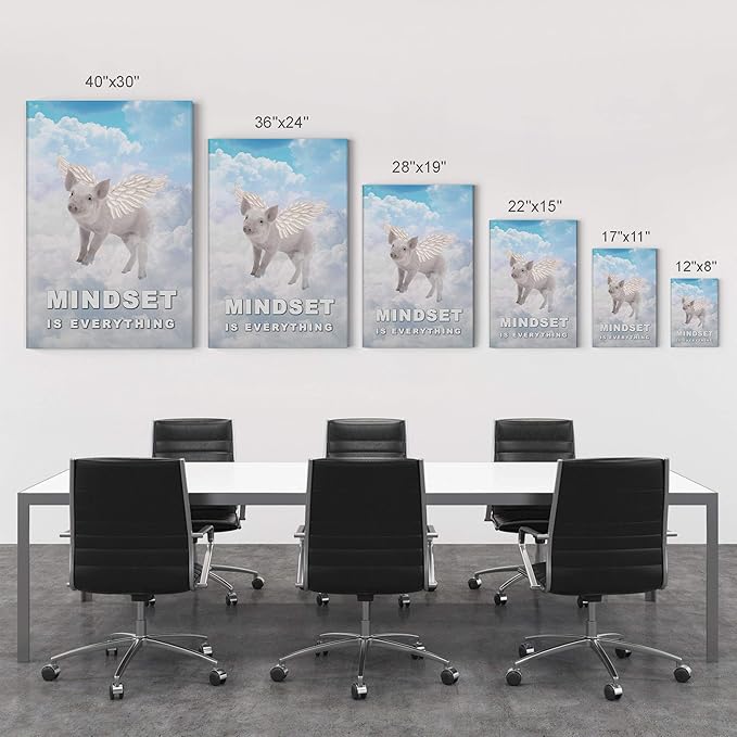 Smile Art Design Mindset is Everything Pig with Wings Flying in Sky Motivational Wall Art Canvas Print Inspirational Entrepreneur Quote Canvas Print Modern Office Decor Gift Ready to Hang 22x15