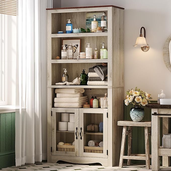 LINSY Bookshelf with Doors, 6 Shelf Bookcase Tall Bookshelves, 73" Farmhouse Book Shelf with Storage Cabinet, Wood Book Shelves for Living Room, Bedroom, Office, Rustic White