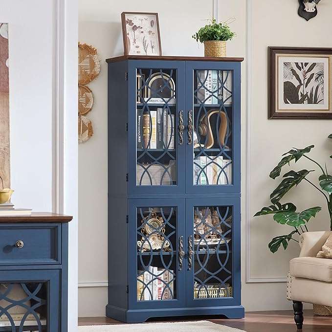 67" Tall Bookshelf, Vintage Book Shelf with Glass Doors, 5-Tier Wood Bookcase w/Adjustable Storage Shelves, Freestanding Rustic Curio Display Cabinet for Living Room,Office,Navy Blue, 2PCS
