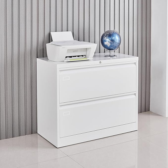 2 Drawer Filing Cabinet, Black Lateral File Cabinet with Lock, Lockable Metal File Cabinet for Home Office, Office File Cabinets for Legal/Letter/A4/F4 Size with Hanging Files&Key (White(2 Drawer))