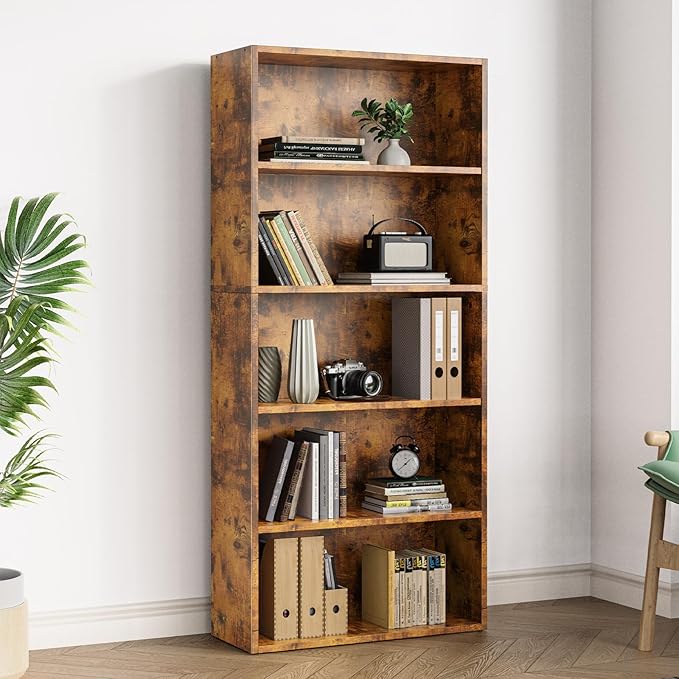 Book Shelf, 5-Tier Bookcase with Adjustable Shelves, Open Storage Shelves for Organization, 23.82 x 9.25 x 53, for Bedroom, Living Room, Home, Office, Rustic Brown