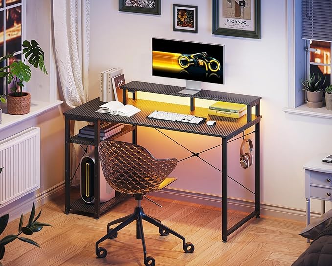 MOTPK 40 Inch Small Gaming Desk with Storage & Led Lights, Computer Desk with Shelf, Reversible Gamer Desk with Monitor Stand, Carbon Fiber Texture Black