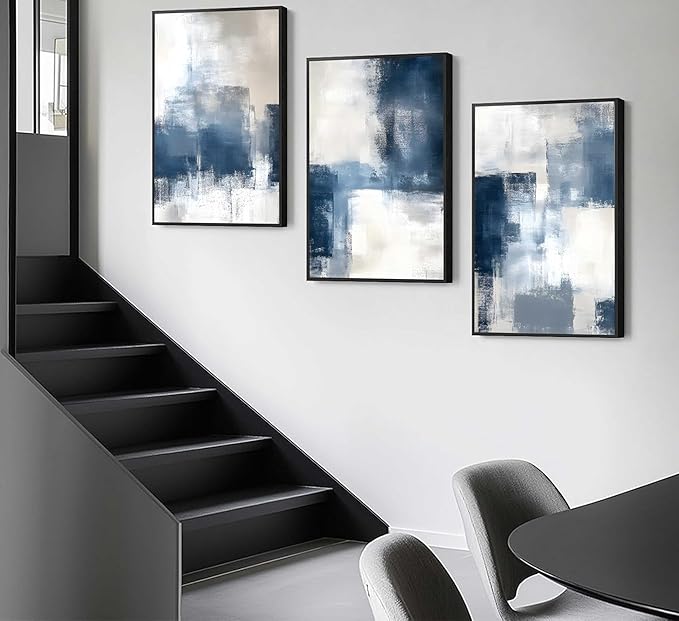 3 Pcs Framed Navy Blue Abstract Canvas Wall Art Modern Minimalist Neutral Blue and Grey Paintings Pictures Wall Decor Poster Print Artwork for Living Room Bedroom Office Home Decoration