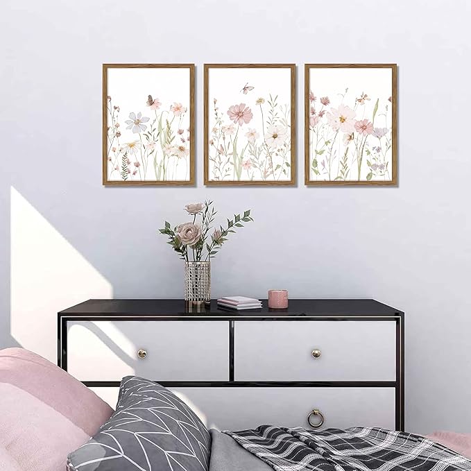 Framed Wildflower Wall Art Set of 3, Pink Floral Canvas Wall Decor Pictures, Vintage Flower Botanical Paintings, Nursery Flowers Butterfly Posters Prints for Bedroom Living Room 16x24 Inch