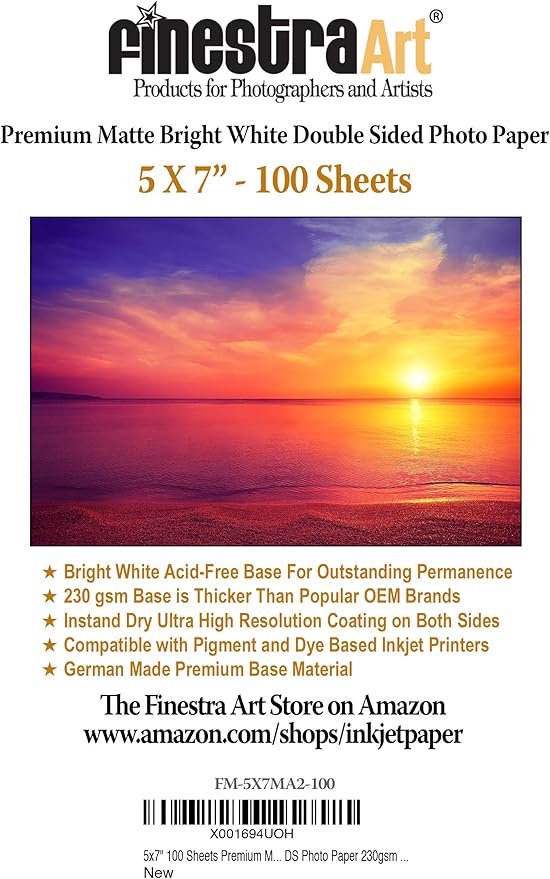 5" X 7" Premium Matte Bright White Inkjet Double Sided Photo Paper - 100 Sheets