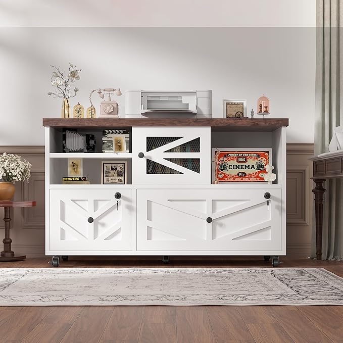 Semoic White Lateral File Cabinet with Lock, 2 Drawer Rolling Filing Cabinet for Home Office, Mobile Storage Cabinet with Open Shelves & Sliding Door, Fits Legal/Letter/A4 Files, Herringbone Design