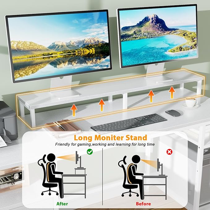 Furologee 61" Computer Desk with Fabric File Cabinet & Drawer, Reversible White Table with Storage Shelf, Office Desk with Long Monitor Stand, Writting Table Workstation, for Home/Office/White