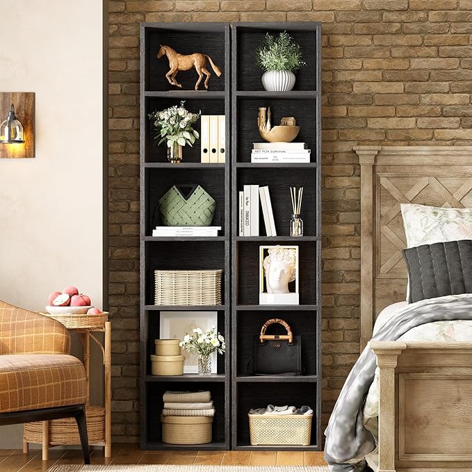 Narrow Bookshelf & Bookcase Set of 2, 6-Tier Floor Standing Open Book Shelf, Modern Corner Bookshelf with Storage Space, 71.5" Tall Bookshelves for Bedroom, Living Room and Office, Black