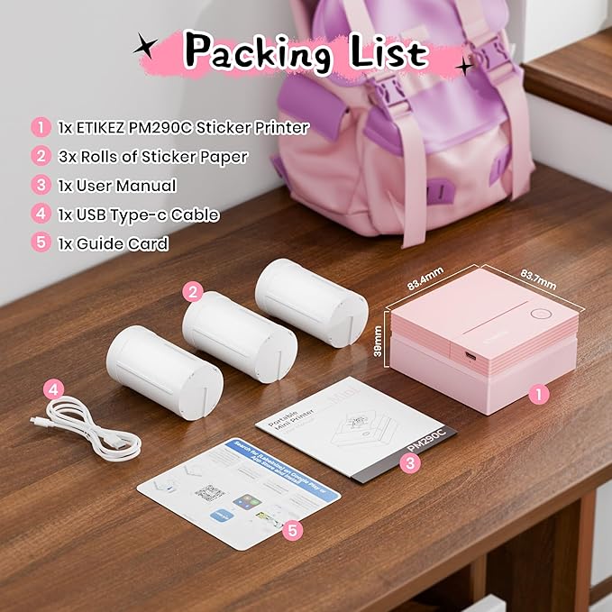 Sticker Printer, PM290C Thermal Mini Printer, Bluetooth Print Pod with 3 Rolls of Paper, Portable Print Pods for Phone & Tablet, Sticker Maker Machine for Notes, Photos, Journal, Rose Pink