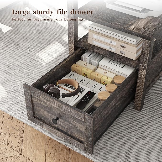 EnHomee 60.4" Computer Desk with Drawer, Office Desk with Monitor Stand, Farmhouse Study Desk with Power Outlet & LED Light, Writing Desk for Home and Study Room, Dark Rustic Oak