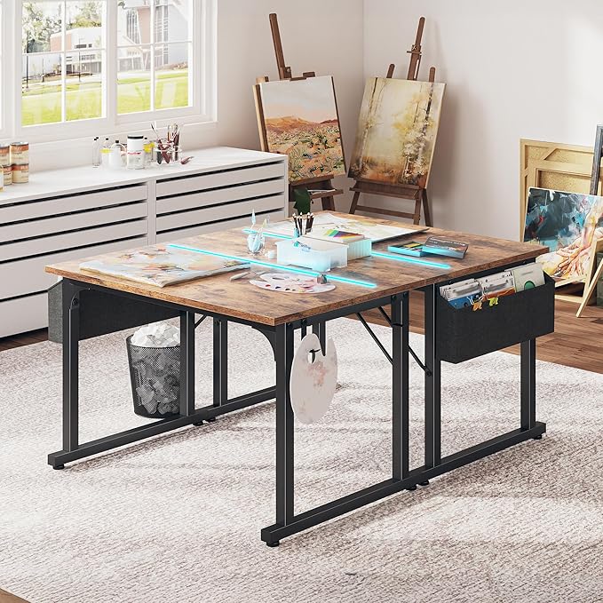 32 Inch Computer Desk with LED Lights for Small Spaces, Office Desk for Home Office, Study Desk Writing Table with Storage Bag, Headphone Hook, Rustic Brown