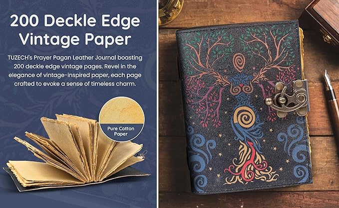 TUZECH Book of Spells Leather Bound Journal Deckle Edge Paper Grimoire Printed Diary Third Eye witchcraft supply and Witch Spell Notebook Antique Vintage Book for Men and Women (Blue Lady)