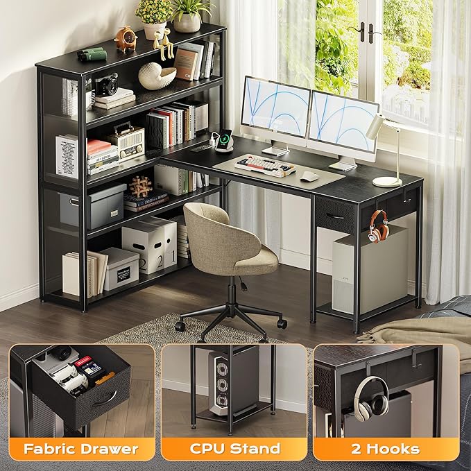 PRAISUN 57 Inch L Shaped Gaming Computer Desk with Larger Open Cabinet, Reverisble Office Desk with Power Outlets, LED Lights, Work Desk, Fabric Drawer, Adjustable Wood and Mesh Shelf, Black