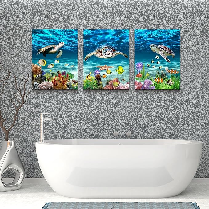 Lapremoly Large Canvas Wall Art for Living Room Wall Decor for Bedroom Bathroom Wall Decoration Ocean Sea Turtle Scenery Paintings Modern Pictures Artwork office Ready to Hang Home Decor 3 Pieces