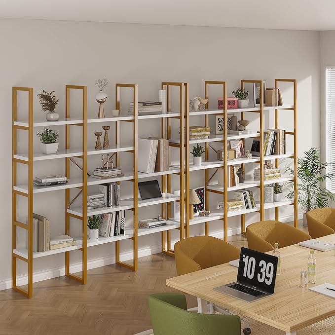Jehiatek Gold Bookshelf 5 Tiers, Geometric Bookcase, 71"L x 71"H Tall Etagere Book Case, Sturdy Metal Frame, Freestanding Display Shelving Unit for Home, Office, Library
