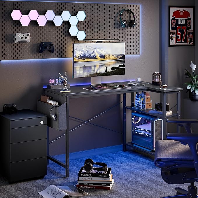 TIQLAB Small L Shaped Desk with Power Outlets - 40 inch Gaming Corner Computer Desk Writing Table, Reversible Large Storage Shelves, Bookshelf Workstation for Study Play Work Home Office, Black