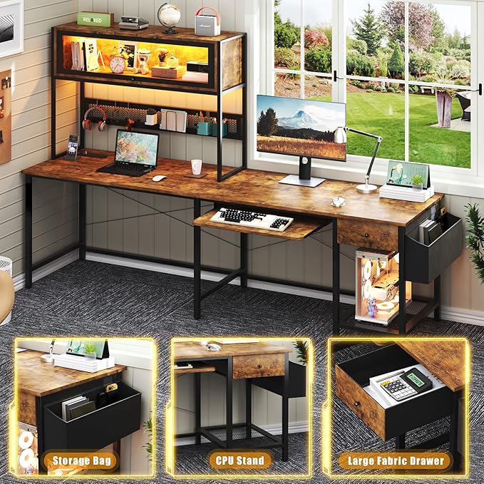 L Shaped Gaming Desk with Power Outlets & LED Lights, 49'' Reversible Computer Desk with Hutch & Pegboard & Display Cabinet, Corner Home Office Desk with Drawer & Keyboard Tray & Storage Bag, Rustic