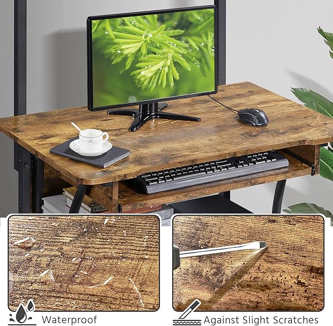 Yaheetech 3 Tiers Rolling Computer Desk with Keyboard Tray and Printer Shelf for Home Office, Mobile Computer Desk for Small Space, Retro Computer Table Compact PC Laptop Workstation, Rustic Brown