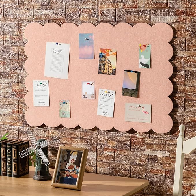 Scalloped Felt Bulletin Board 36 x 24 Inches Foldable Light Pink Pin Cork Board Alternative for Wall, 3' x 2' Trifold Picture Vision Self Adhesive Bulletin Decorative